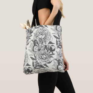Peonies and butterflies block print, black and whi tote bag