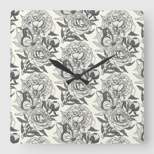 Peonies and butterflies block print,black and whit square wall clock (Front)