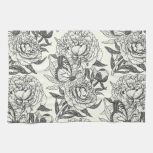 Peonies and butterflies block print,black and whit tea towel
