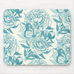 Peonies and butterflies block print, lagoon Blue a Mouse Mat