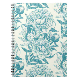 Peonies and butterflies block print, lagoon Blue a Notebook