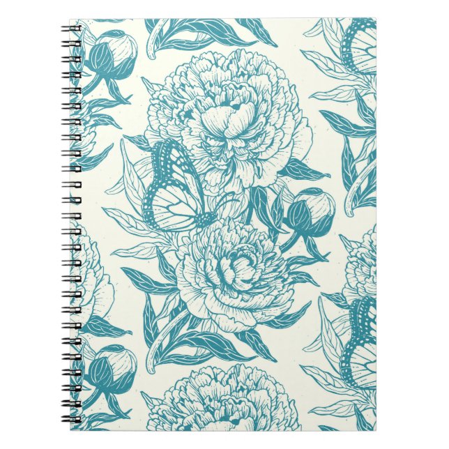 Peonies and butterflies block print, lagoon Blue a Notebook (Front)