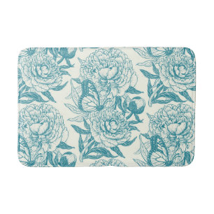 Peonies and butterflies block print, lagoon Blue Bath Mat