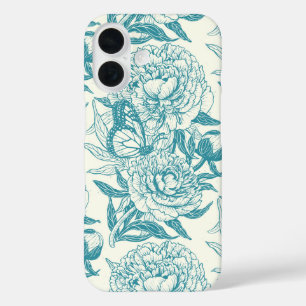 Peonies and butterflies block print, lagoon Blue iPhone 16 Case