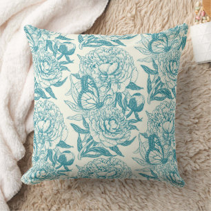 Peonies and butterflies block print, lagoon Blue Cushion