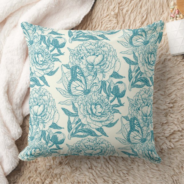 Peonies and butterflies block print, lagoon Blue Cushion (Blanket)