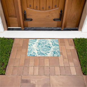 Peonies and butterflies block print, lagoon Blue Doormat