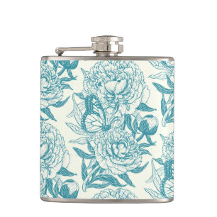Peonies and butterflies block print, lagoon Blue Hip Flask