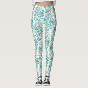 Peonies and butterflies block print,lagoon Blue Leggings