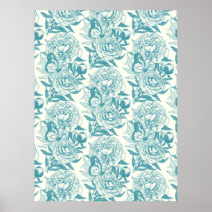 Peonies and butterflies block print, lagoon Blue Poster