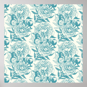 Peonies and butterflies block print, lagoon Blue  Poster