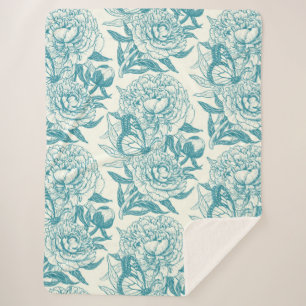 Peonies and butterflies block print, lagoon Blue Sherpa Blanket