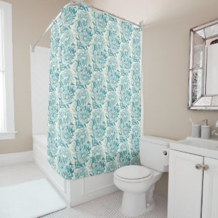 Peonies and butterflies block print, lagoon Blue Shower Curtain