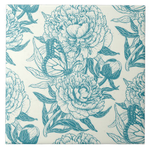 Peonies and butterflies block print, lagoon Blue Tile