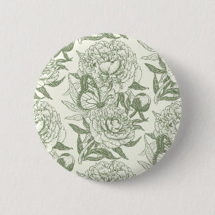Peonies and butterflies block print, sage green an 6 cm round badge