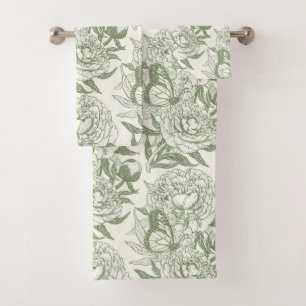 Peonies and butterflies block print, sage green an bath towel set