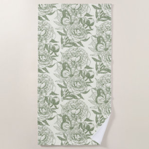 Peonies and butterflies block print, sage green an beach towel
