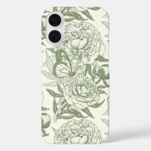 Peonies and butterflies block print, sage green an iPhone 16 case