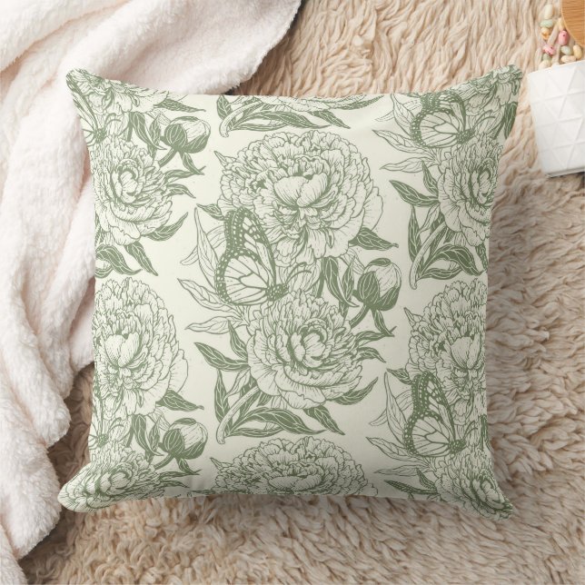 Peonies and butterflies block print, sage green an cushion (Blanket)