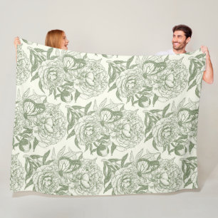 Peonies and butterflies block print, sage green an fleece blanket