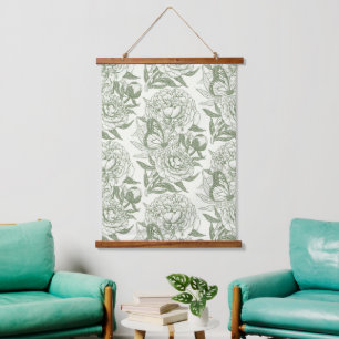 Peonies and butterflies block print, sage green an hanging tapestry