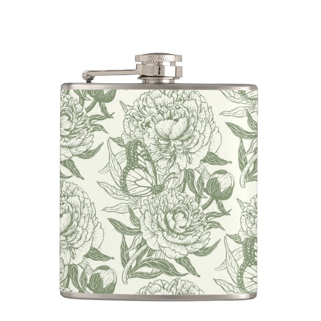 Peonies and butterflies block print, sage green an hip flask (Front)