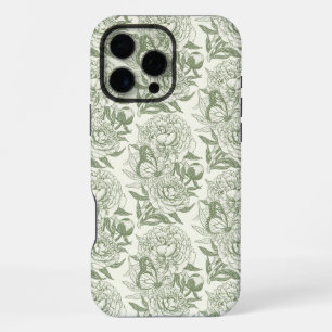Peonies and butterflies block print, sage green an iPhone 16 pro max case