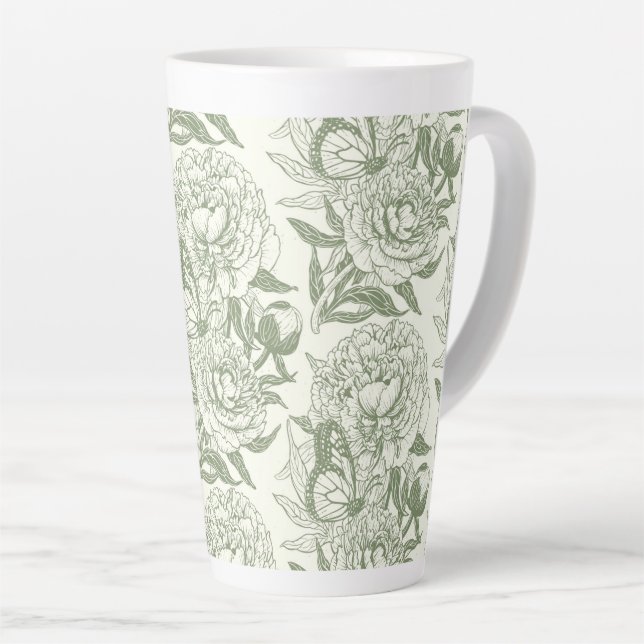 Peonies and butterflies block print, sage green an latte mug (Right Angle)