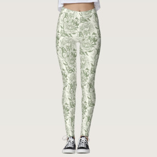 Peonies and butterflies block print, sage green an leggings