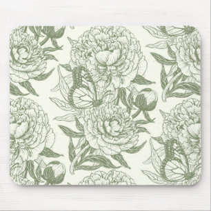 Peonies and butterflies block print, sage green an mouse mat