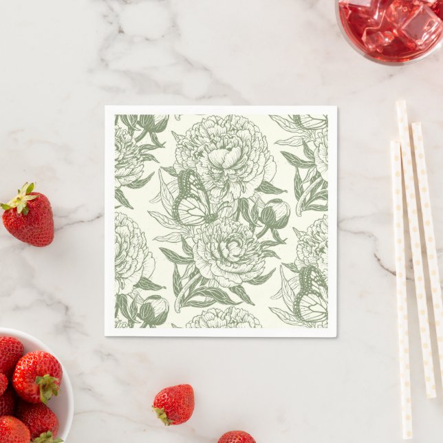 Peonies and butterflies block print, sage green an napkin (Insitu)
