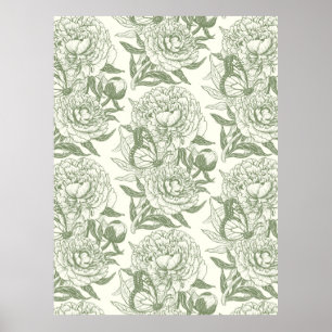 Peonies and butterflies block print,sage green an poster