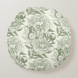 Peonies and butterflies block print, sage green an round cushion
