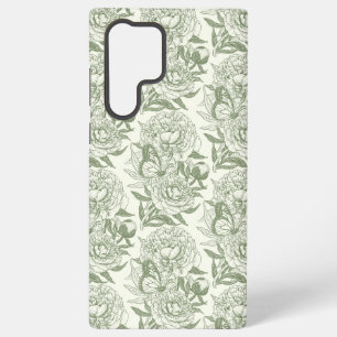 Peonies and butterflies block print, sage green an samsung galaxy case