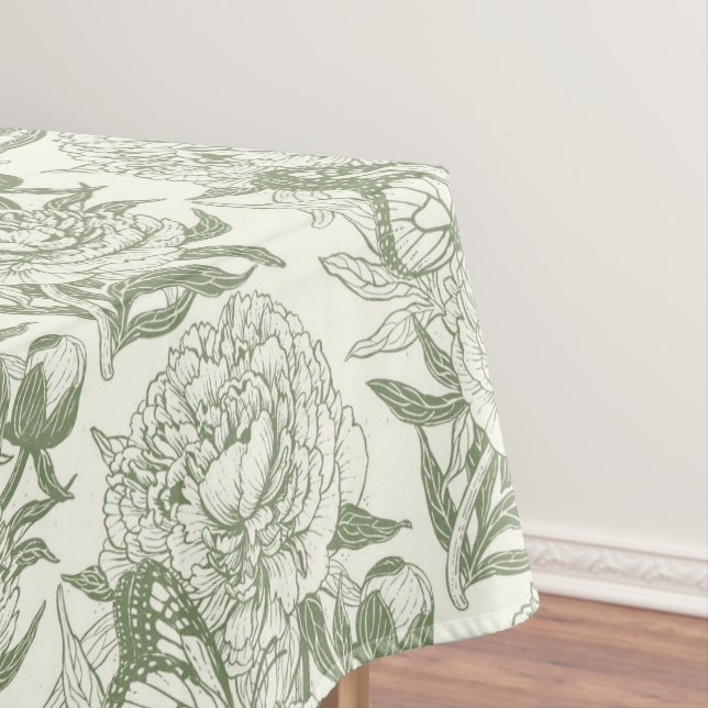 Peonies and butterflies block print, sage green an tablecloth (In Situ)