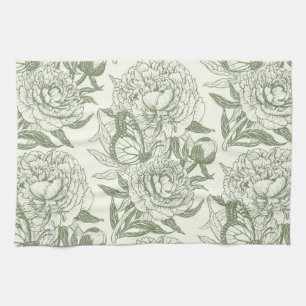 Peonies and butterflies block print, sage green an tea towel