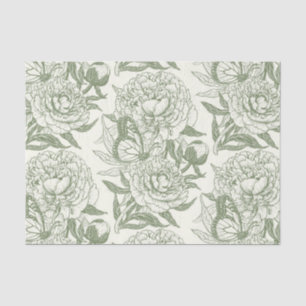 Peonies and butterflies block print, sage green an tissue paper