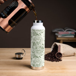 Peonies and butterflies block print, sage green an water bottle
