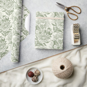 Peonies and butterflies block print, sage green an wrapping paper
