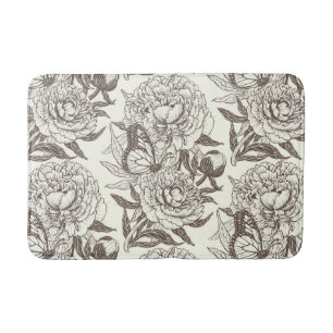 Peonies and butterflies block print, umber on off bath mat