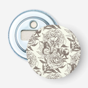 Peonies and butterflies block print, umber on off  bottle opener
