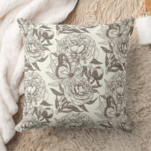 Peonies and butterflies block print, umber on off  cushion