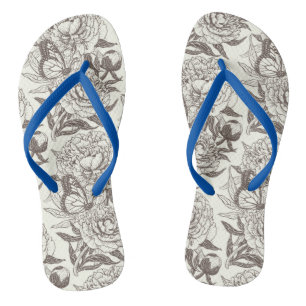 Peonies and butterflies block print, umber on off  flip flops