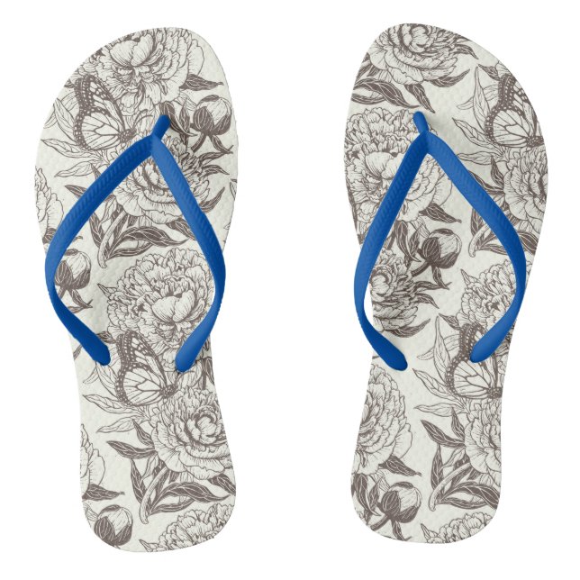 Peonies and butterflies block print, umber on off  flip flops (Footbed)