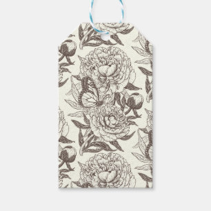 Peonies and butterflies block print, umber on off gift tags