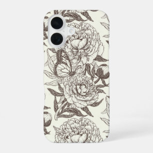 Peonies and butterflies block print, umber on off  iPhone 16 case