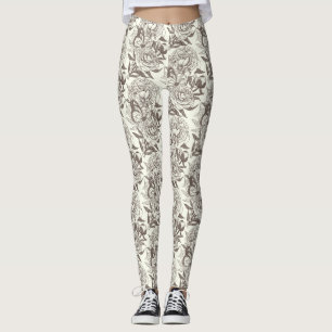 Peonies and butterflies block print, umber on off  leggings