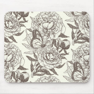 Peonies and butterflies block print, umber on off  mouse mat