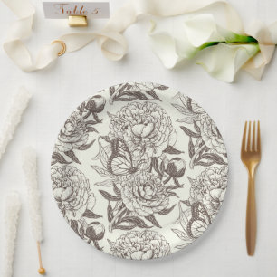 Peonies and butterflies block print, umber on off paper plate