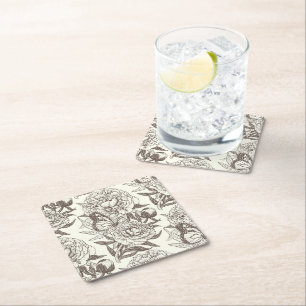 Peonies and butterflies block print, umber on off  square paper coaster